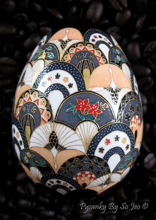 Cranes and Fans ChiyogamiUkrainian Style Easter Egg Pysanky by So Jeo